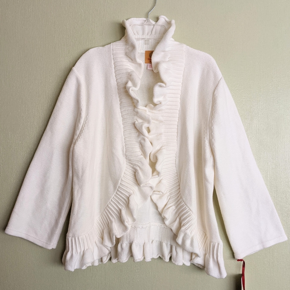 Ruby Rd Ruffled Cardigan Sweater Ivory Open Front Cotton Blend XLP - Picture 15 of 15